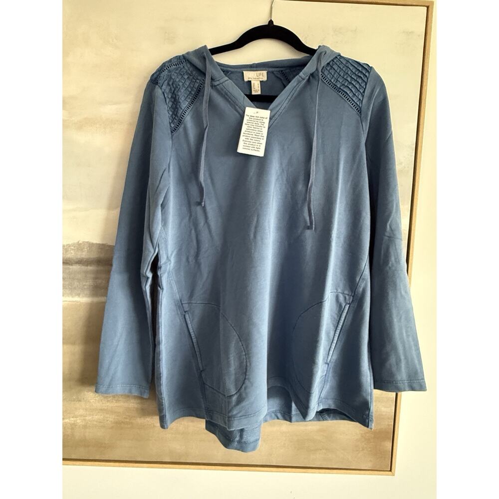 LOGO Life Lori Goldstein Hoodie Womens Small Blue French Terry Pullover V Neck